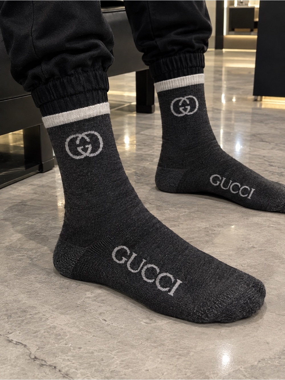 Gucci Charcoal Gray Crew Socks with White Logo Stripe